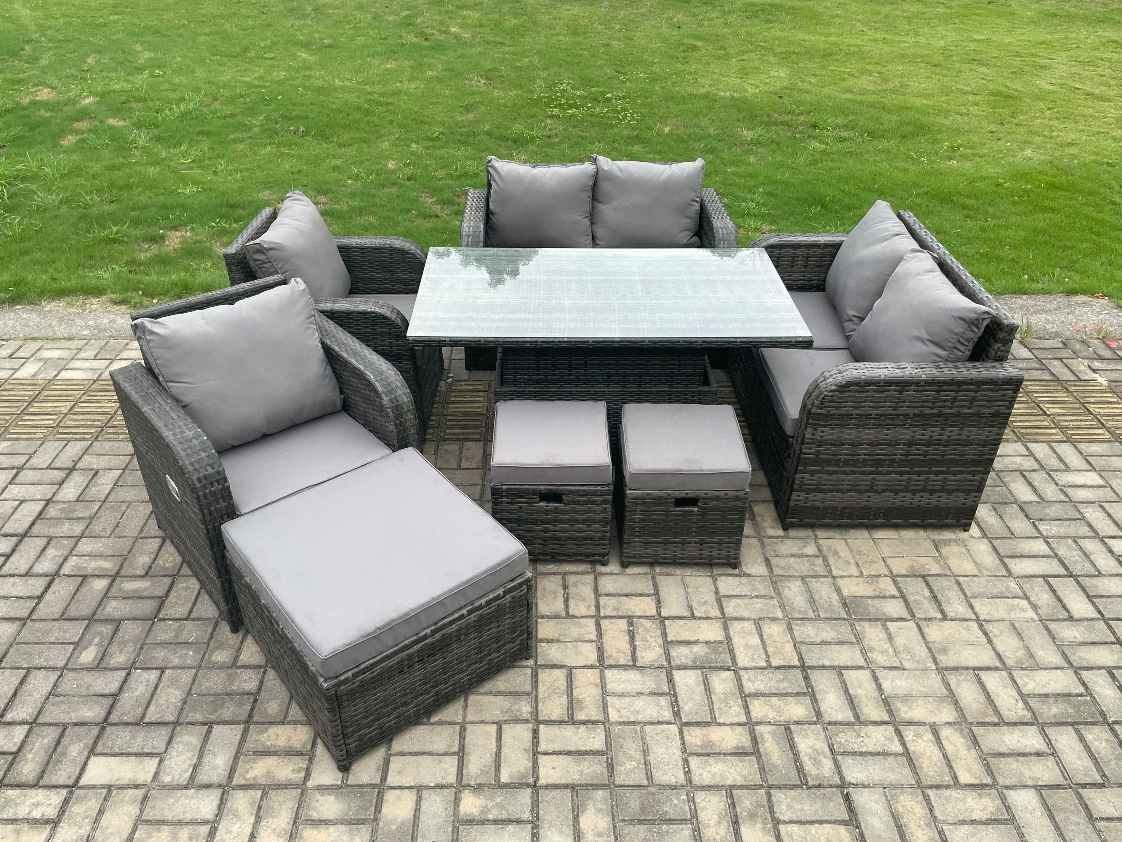 PE Rattan Garden Furniture Set Height Adjustable Rising lifting Dining Table Love Sofa Chair 3 Footstools