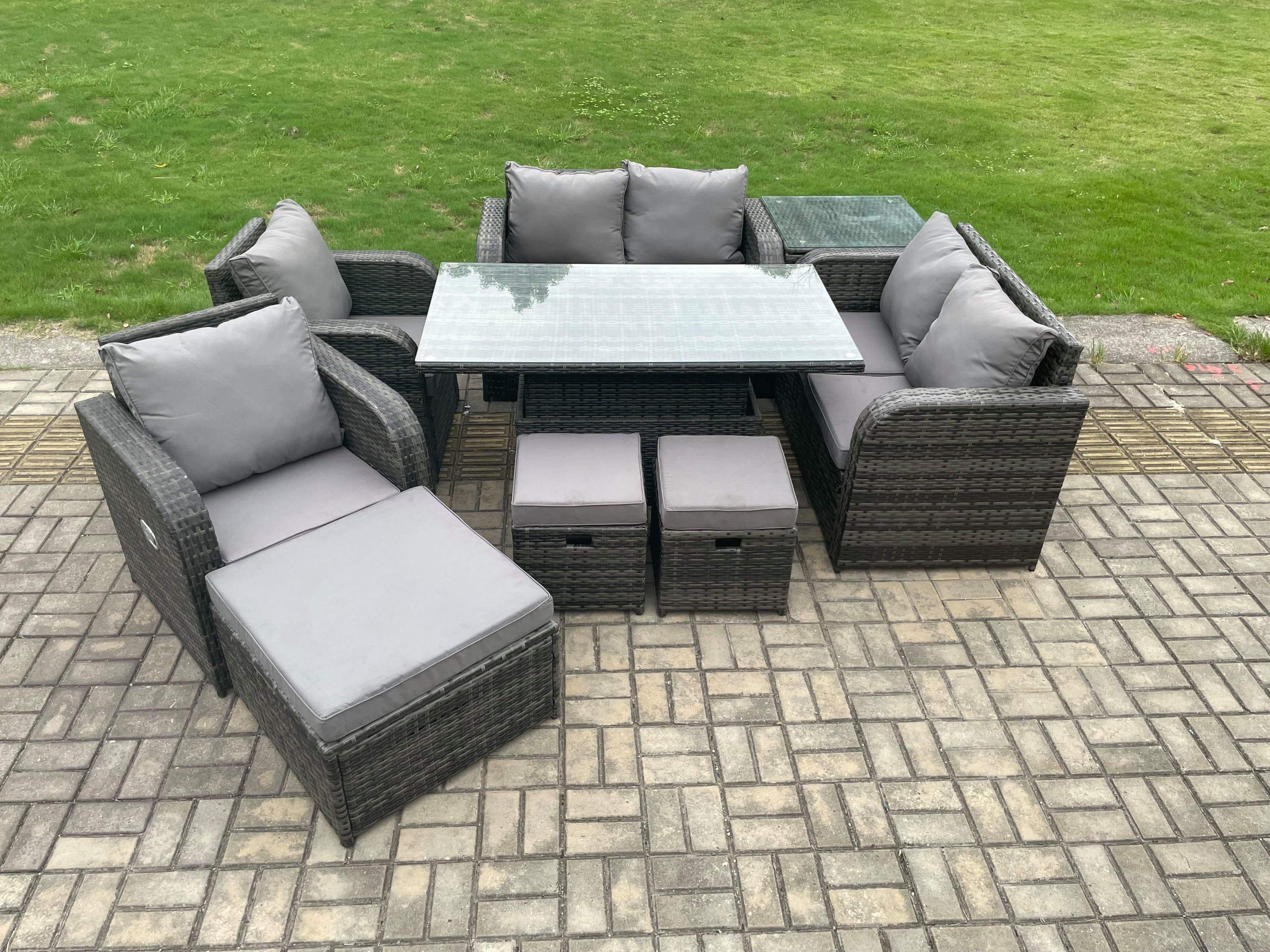 PE Rattan Garden Furniture Set Height Adjustable Rising lifting Dining Table Chair Love Sofa Side Table