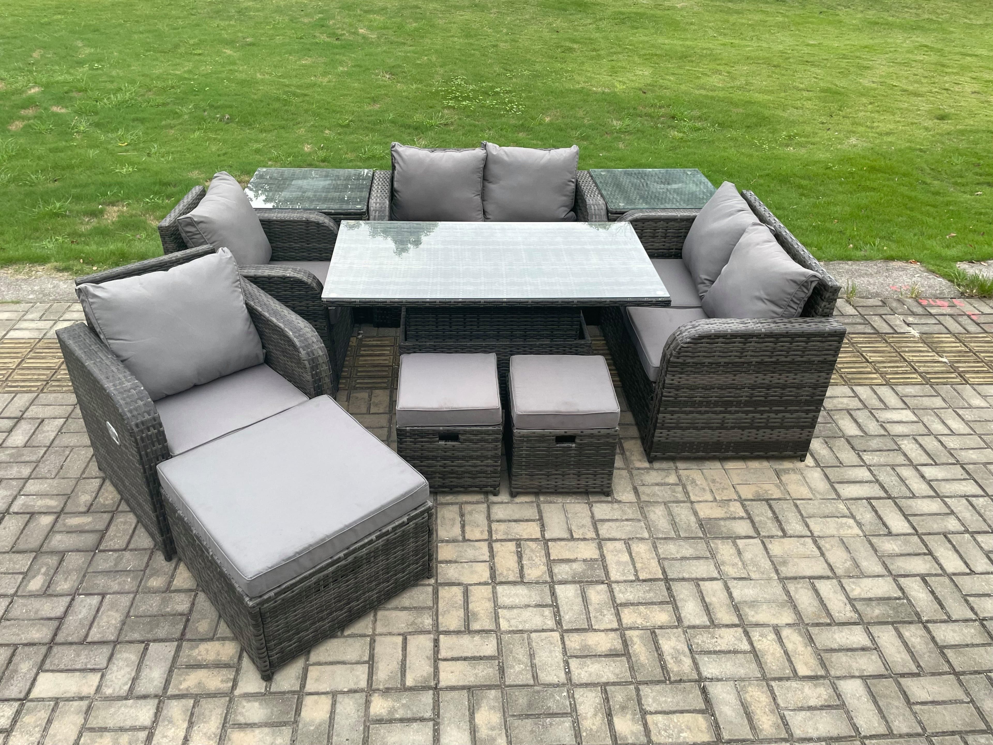 PE Rattan Garden Furniture Set Outdoor Height Adjustable Rising lifting Dining Table Chair 2 Side Tables