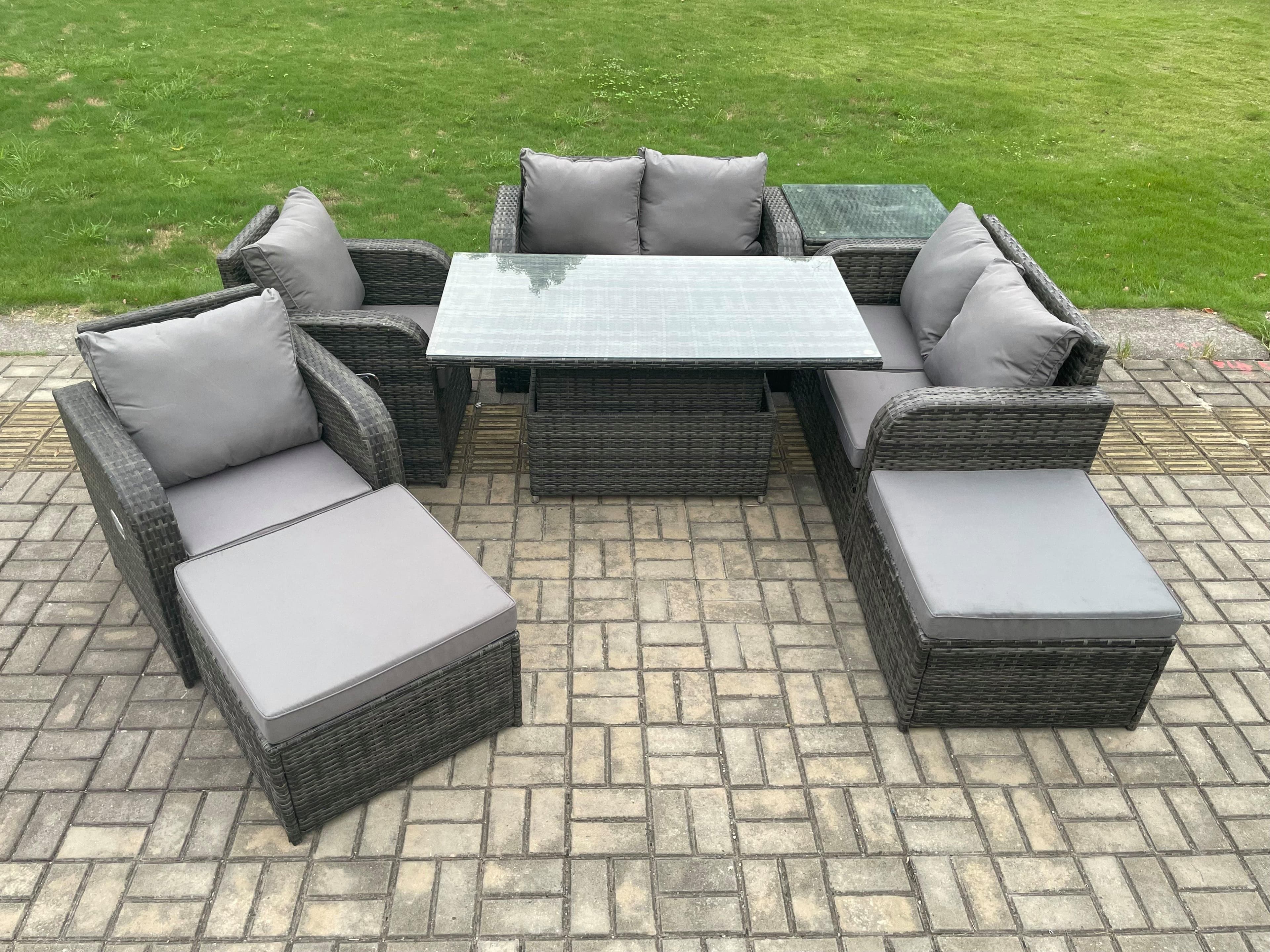 8 Seater Rattan Furniture Garden Dining Set Outdoor Height Adjustable Rising lifting Table Love Sofa Chair