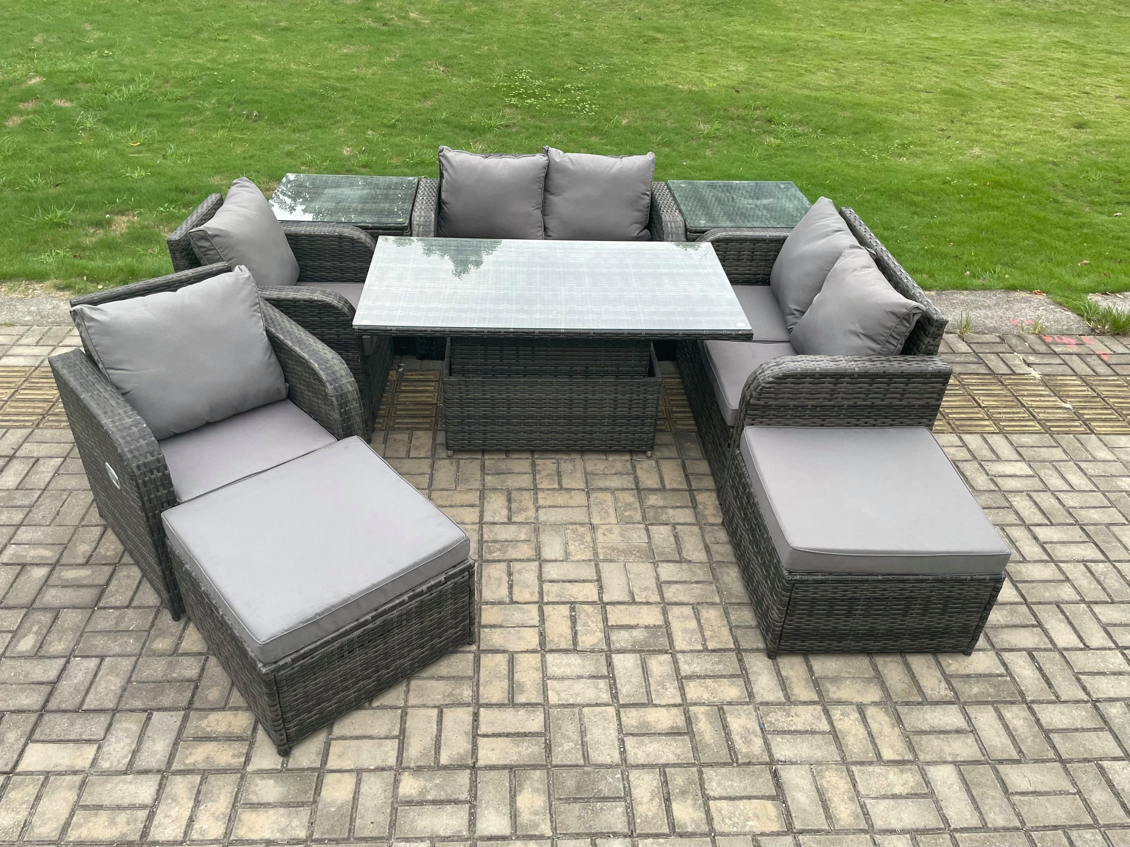 Rattan Furniture Garden Dining Sets Outdoor Height Adjustable Rising lifting Table Love Sofa Chair