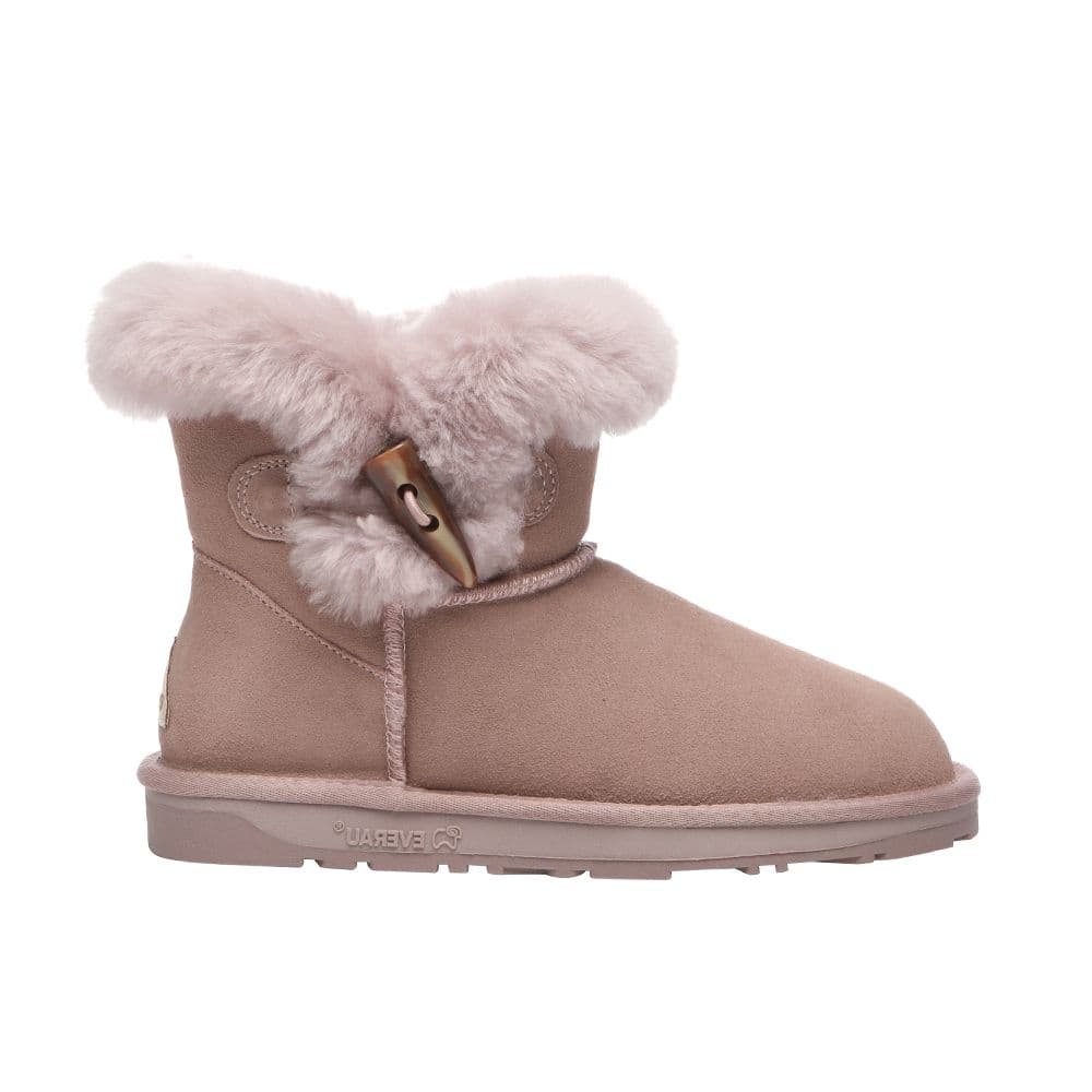 EverAu Australia Women's Real Sheepskin Robin Horn Toggle button Mini Boots with TPR Sole in Dusty Pink | Size: 8