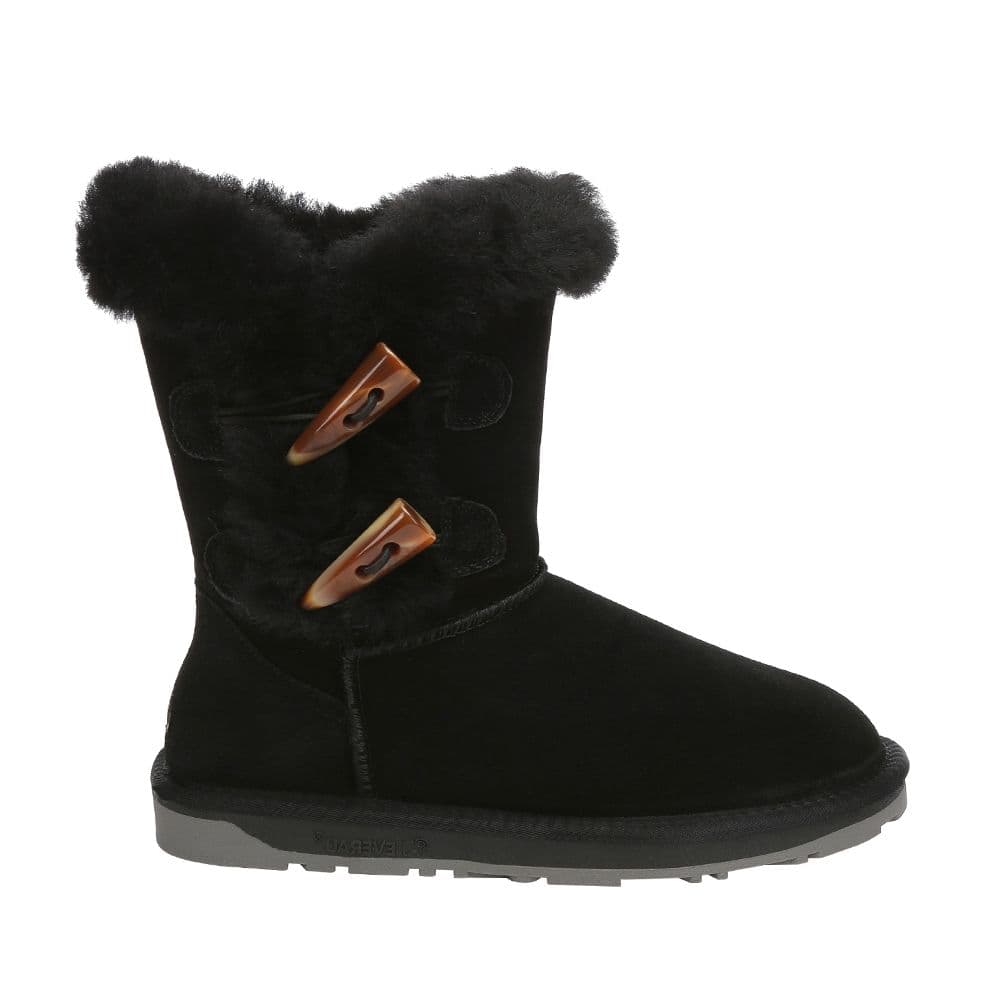 EverAu Australia Women's Real Sheepskin Stork Horn Toggle button Short Boots with TPR Sole in Black | Size: 6