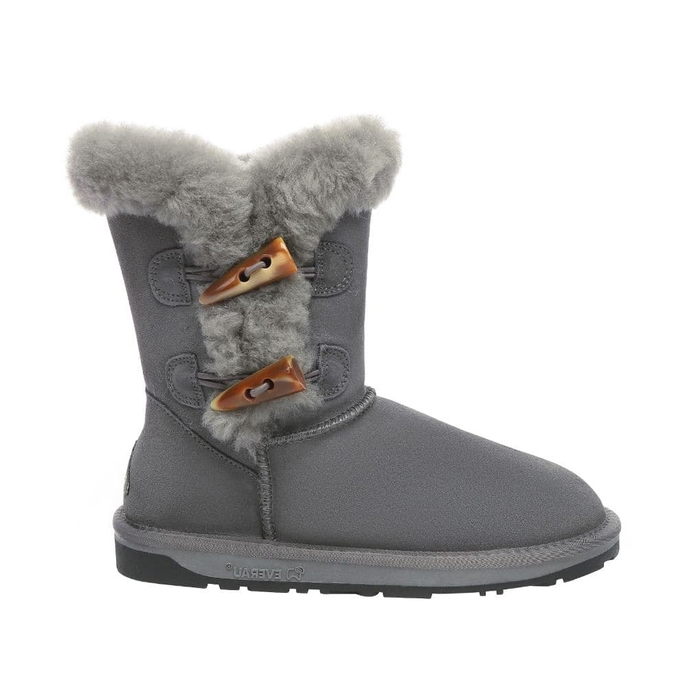 EverAu Australia Women's Real Sheepskin Stork Horn Toggle button Short Boots with TPR Sole in Grey | Size: 5