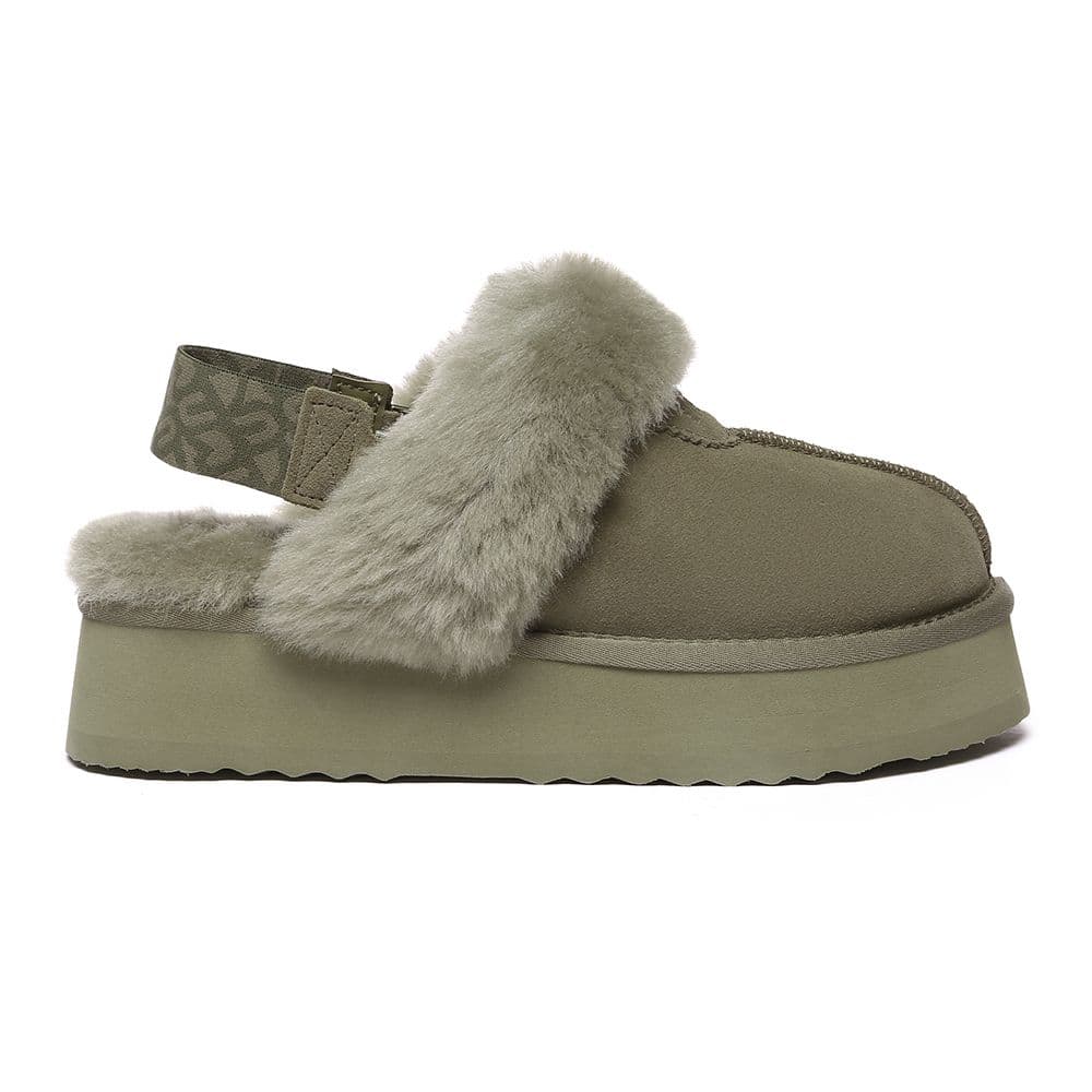 EverAu Australia Women's Real Sheepskin Wagtail Removable Strap Platform Slippers with EVA Sole in Dark Olive | Size: 8
