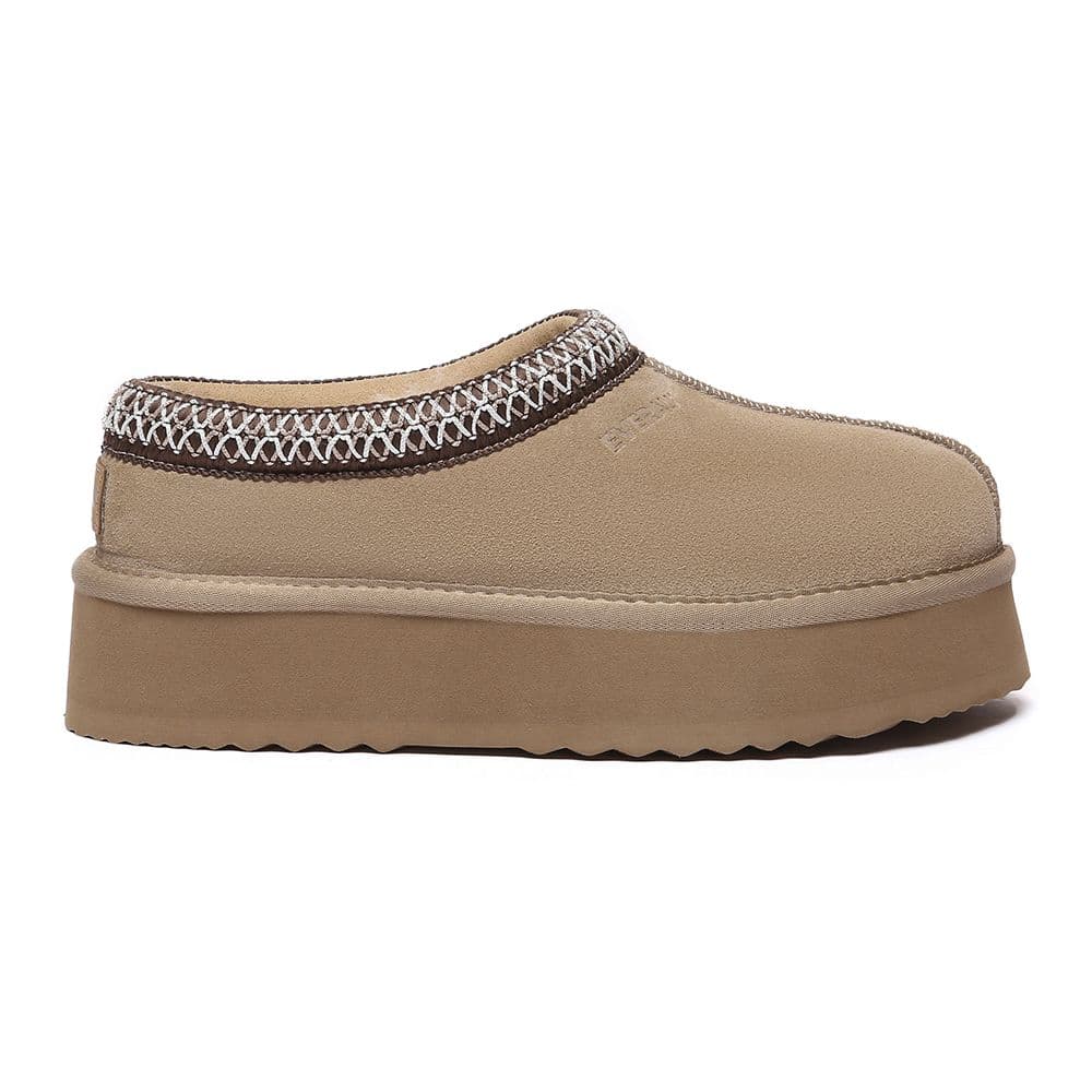 EverAu Australia Women's Real Sheepskin Wonga Leather Platform Slippers with EVA Sole in Light Sand | Size: 8