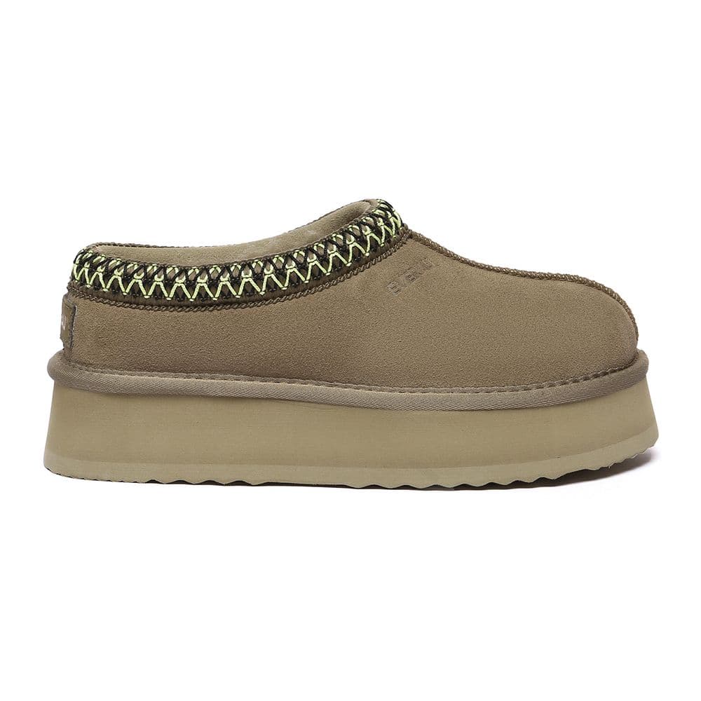 EverAu Australia Women's Real Sheepskin Wonga Leather Platform Slippers with EVA Sole in Olive | Size: 3
