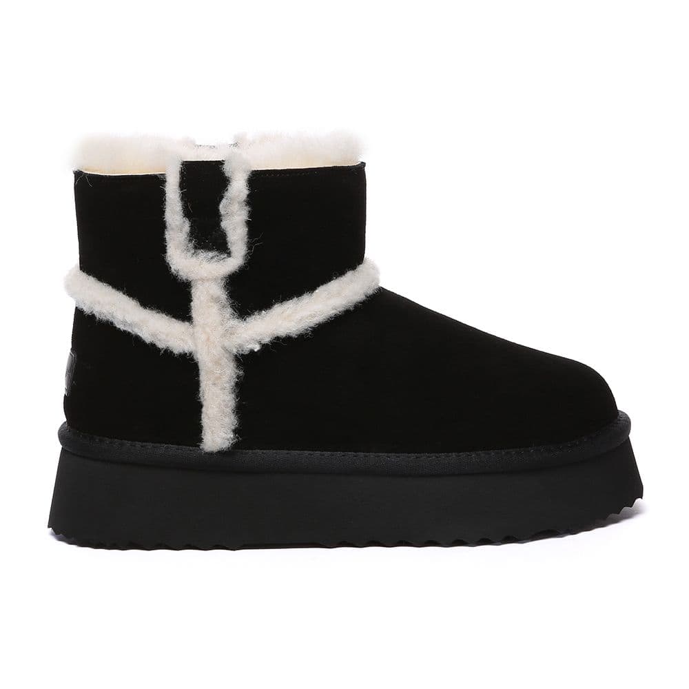 EverAu Australia Women's Real Wool Barren Leather Chic Platform Short Boots with EVA Sole in Black | Size: 7