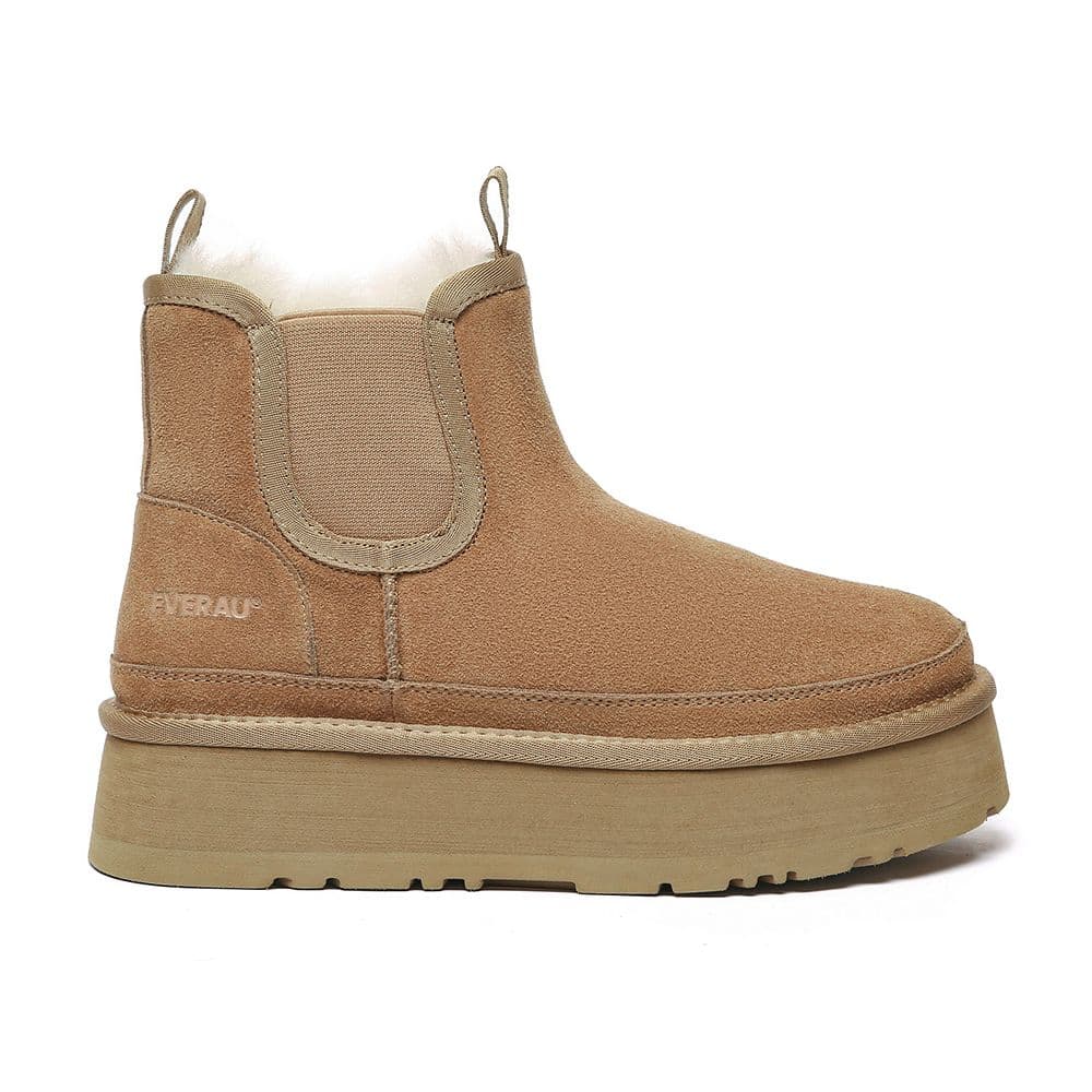 EverAu Australia Women's Real Wool Shoveler Leather Platform Short Chelsea Boots with EVA Sole in Brown | Size: 5