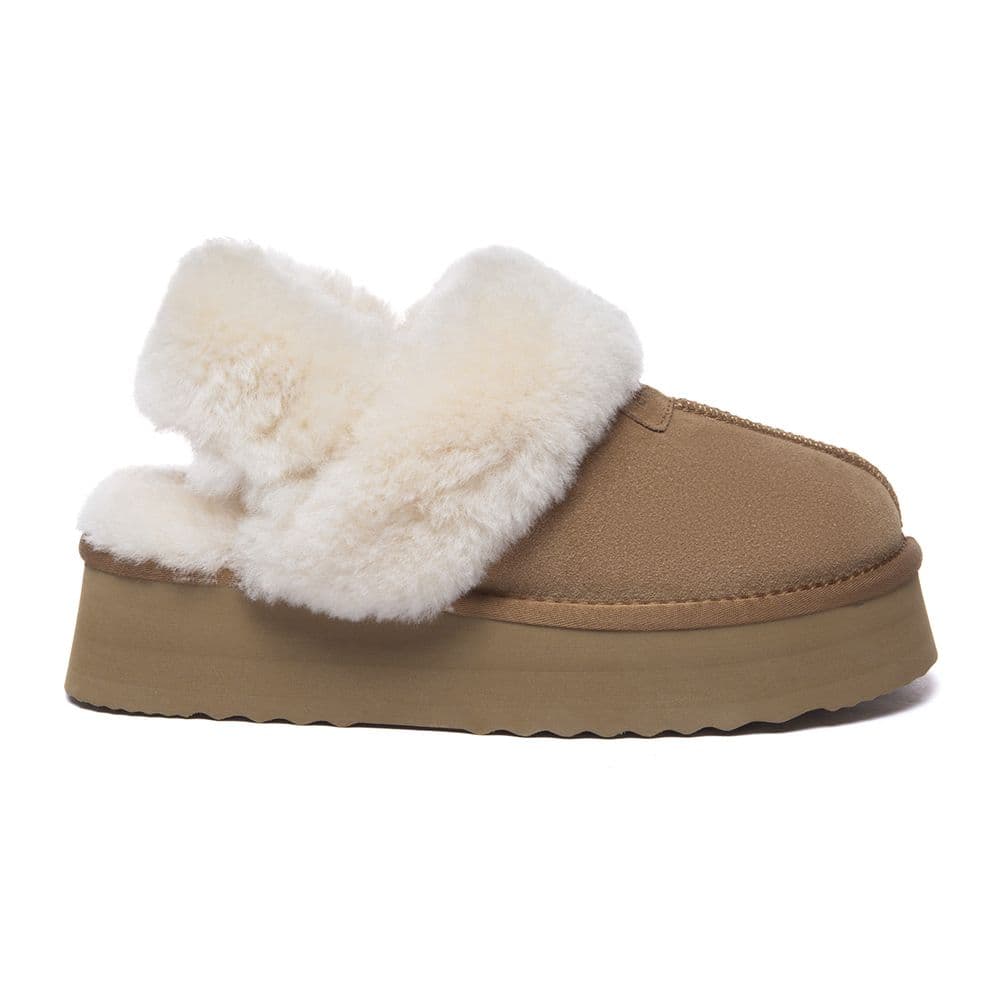 EverAu Australia Women's Real Sheepskin Fantail Leather Platform Slippers With Two Removable Straps with EVA Sole in Gold | Size: 5