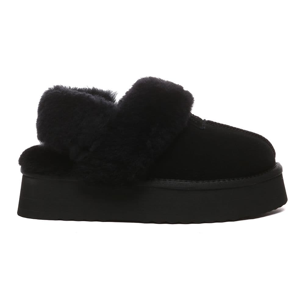 EverAu Australia Women's Real Sheepskin Fantail Leather Platform Slippers With Two Removable Straps with EVA Sole in Black | Size: 7