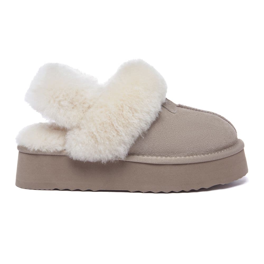 EverAu Australia Women's Real Sheepskin Fantail Leather Platform Slippers With Two Removable Straps with EVA Sole in Light Sand | Size: 8