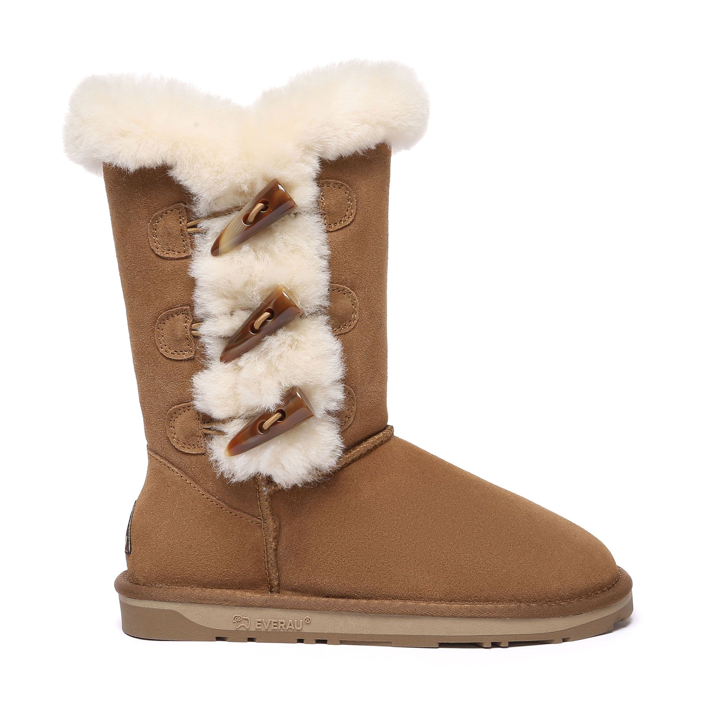 EverAu Australia Women's Real Sheepskin Ashy Horn Toggle Buttons Tall Boots with TPR Sole in Brown | Size: 5