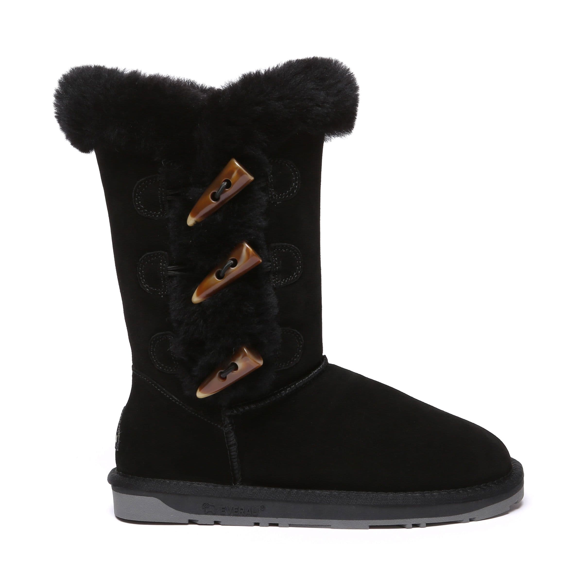EverAu Australia Women's Real Sheepskin Ashy Horn Toggle Buttons Tall Boots with TPR Sole in Black | Size: 6