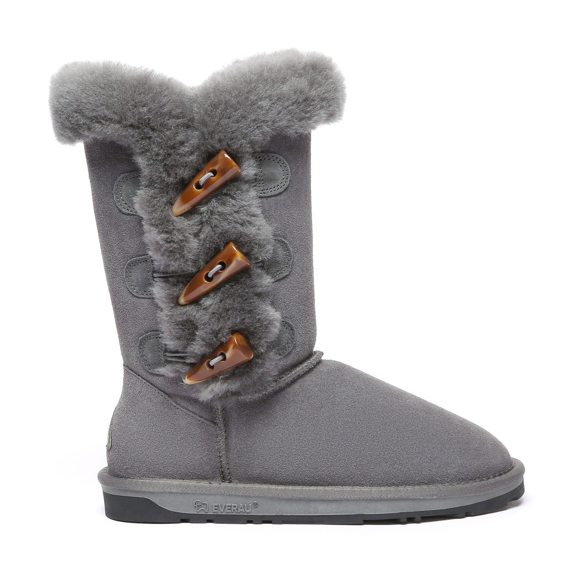 EverAu Australia Women's Real Sheepskin Ashy Horn Toggle Buttons Tall Boots with TPR Sole in Grey | Size: 8