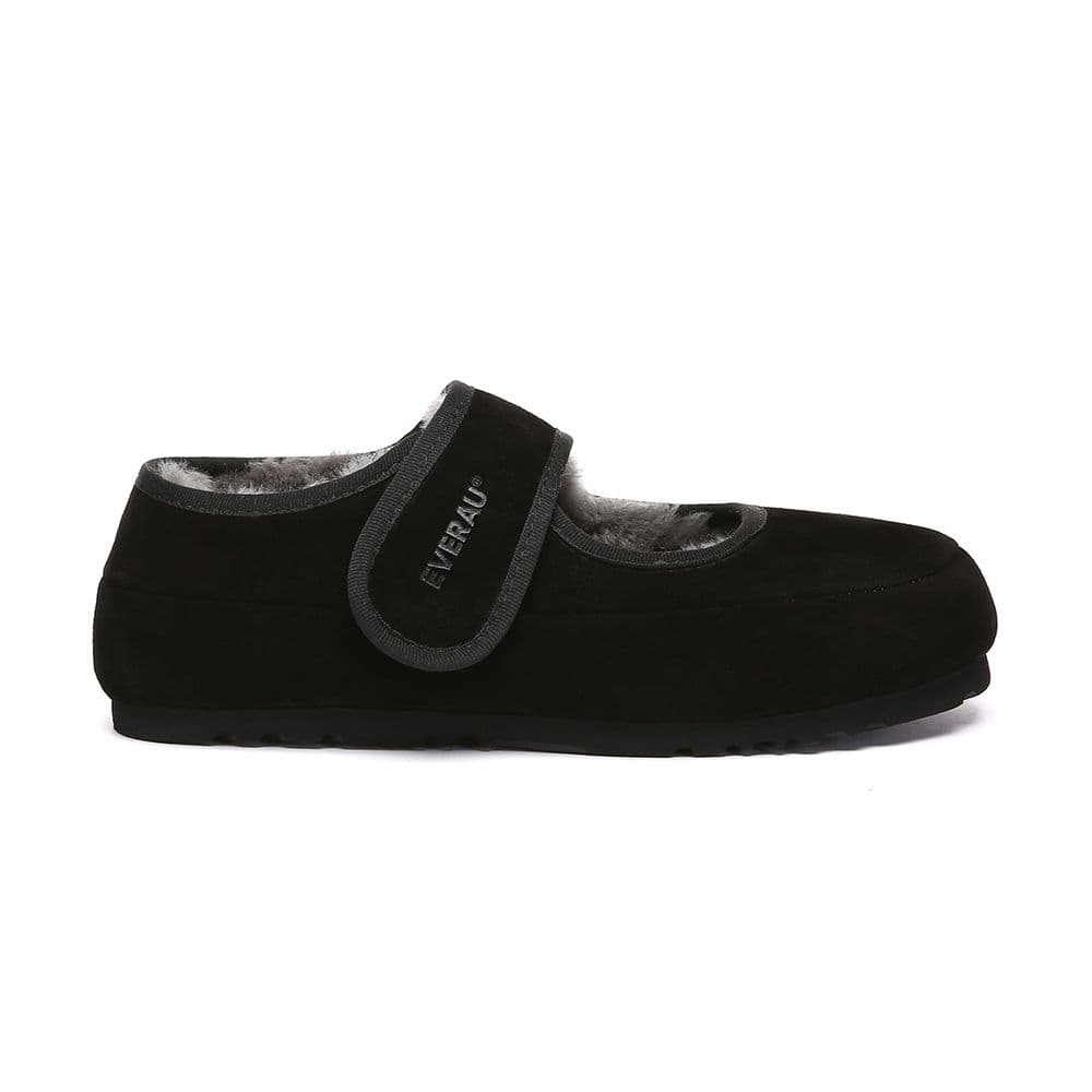 EverAu Australia Women's Real Sheepskin Women Teal Adjustable Strap Sheepskin Slippers with EVA Sole in Black | Size: 6