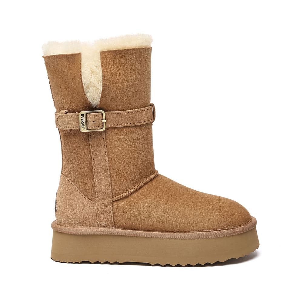 EverAu Australia Women's Real Sheepskin Brush 3-Way Style Platform Mid Boots with EVA Sole in Brown | Size: 8