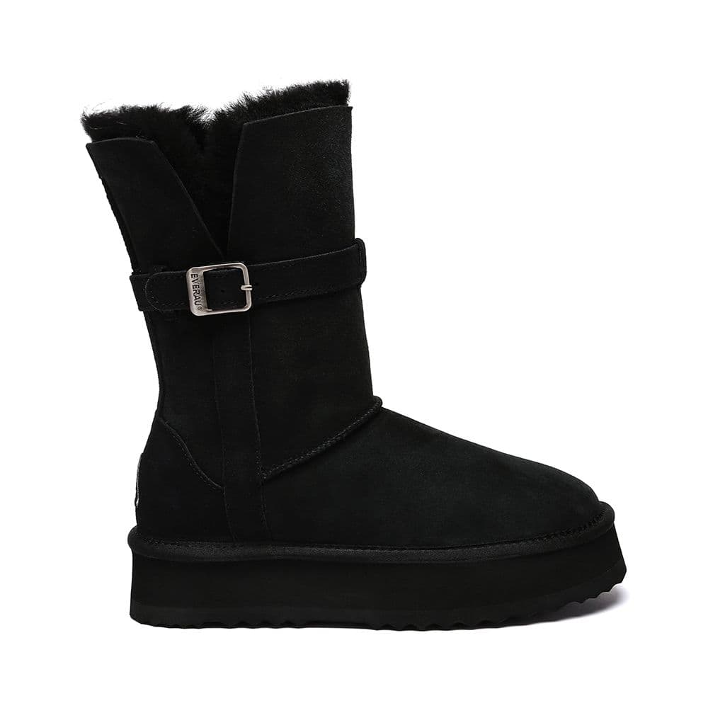 EverAu Australia Women's Real Sheepskin Brush 3-Way Style Platform Mid Boots with EVA Sole in Black | Size: 6