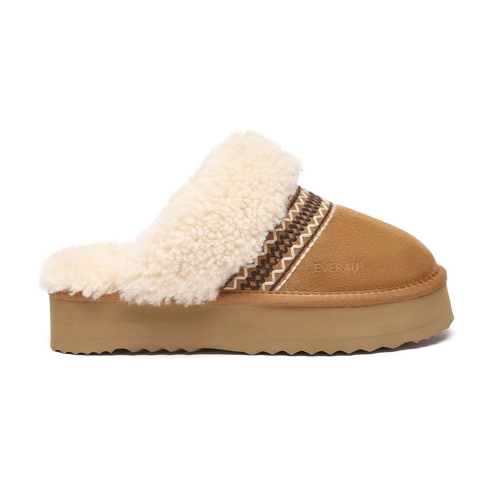 EverAu Australia Women's Crake Knitted Platform Real Sheepskin Slippers in Brown | Size: 6