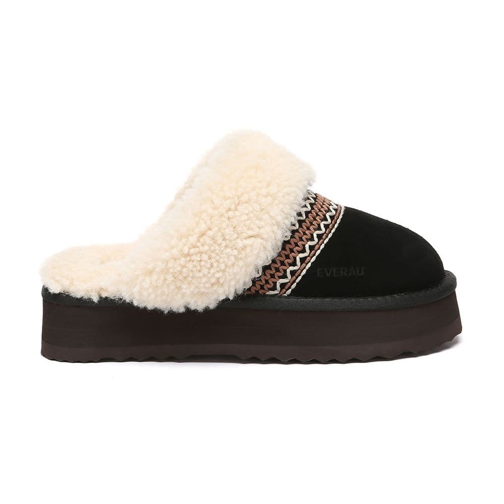 EverAu Australia Women's Crake Knitted Platform Real Sheepskin Slippers in Black | Size: 7