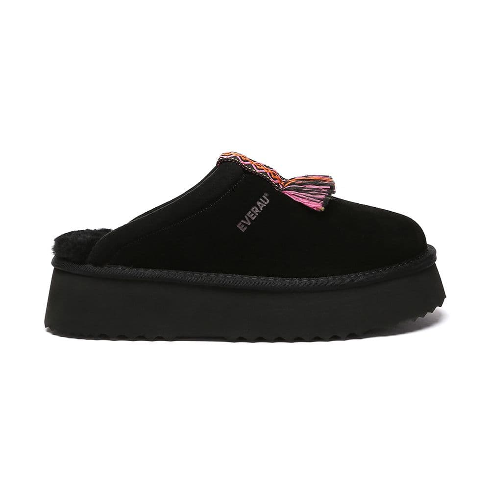 EverAu Australia Women's Caspian Platform Real Sheepskin Slippers in Black | Size: 5