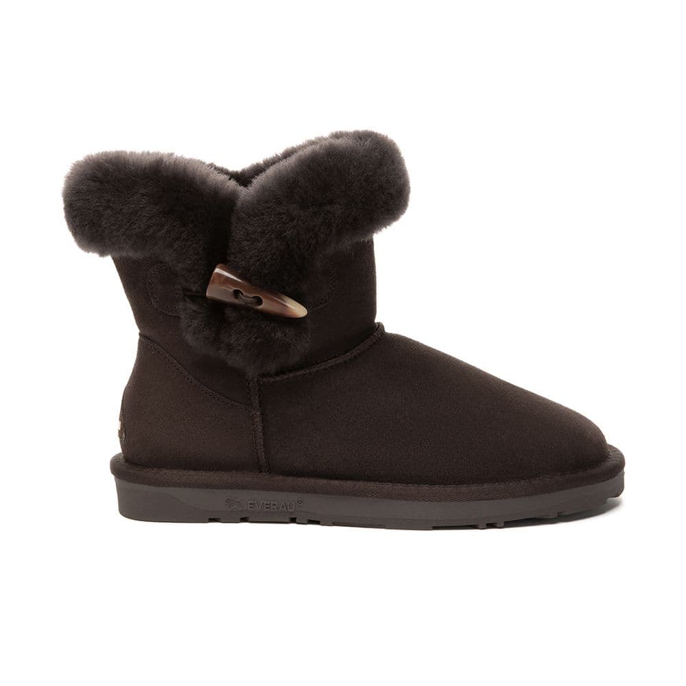 EverAu Australia Women's Real Sheepskin Robin Horn Toggle button Mini Boots with TPR Sole in Chocolate | Size: 5