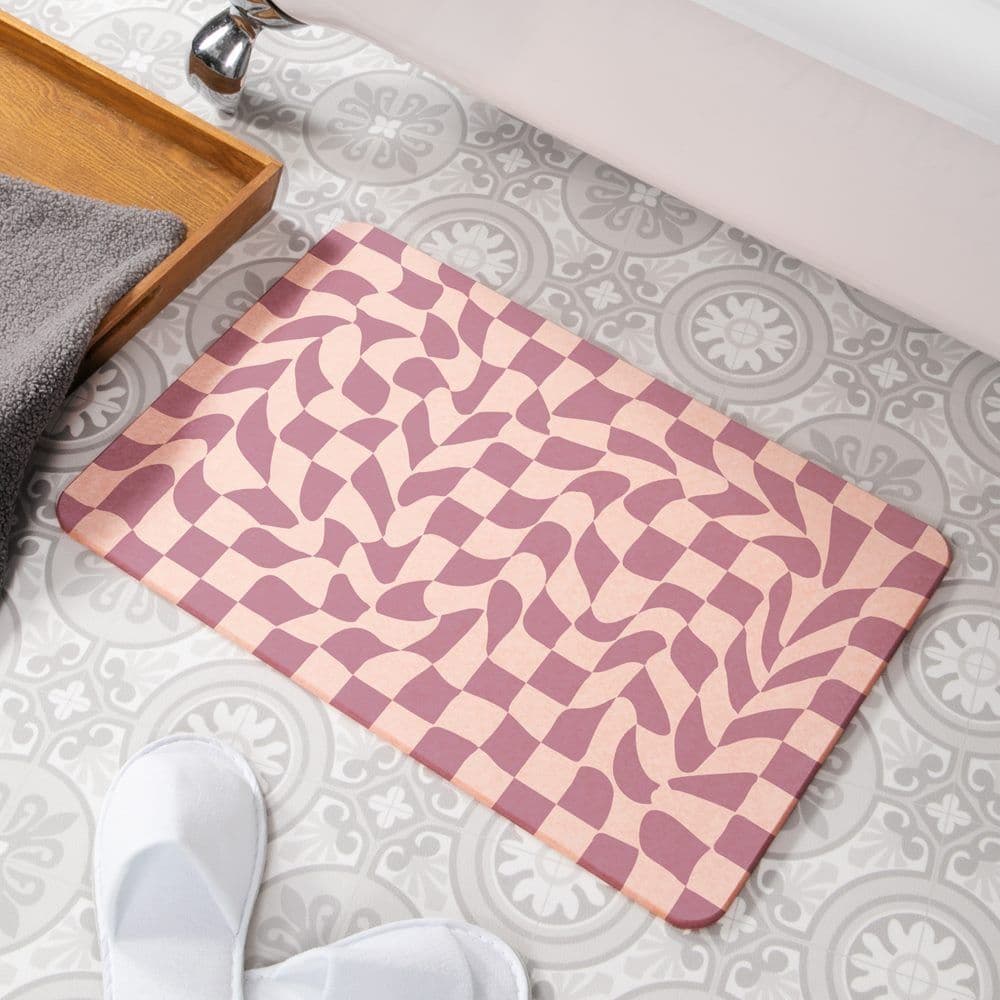 Wavy Checkerboard Pink Stone Non Slip Bath Mat