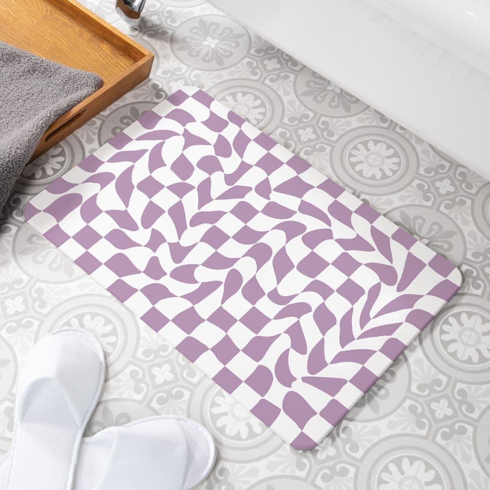 Wavy Checkerboard Stone Non Slip Bath Mat