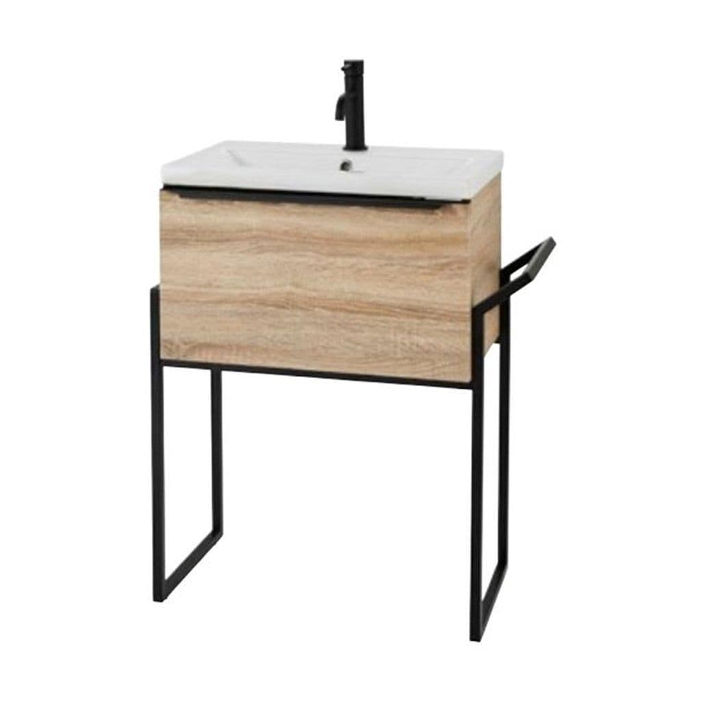 Sonoma Oak 60cm Wall Hung Drawer Unit Ceramic Basin Frame