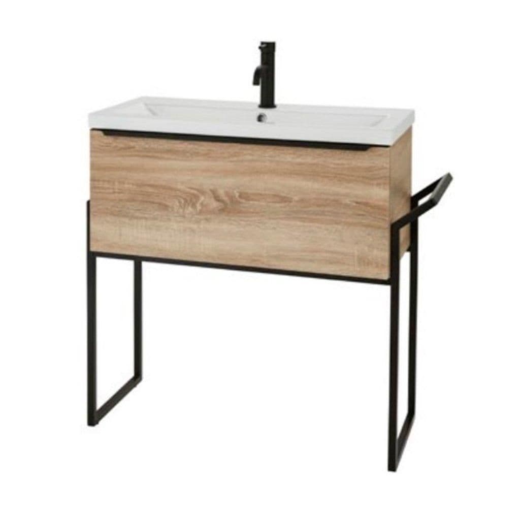 Sonoma Oak 80cm Wall Hung Drawer Unit Ceramic Basin Frame