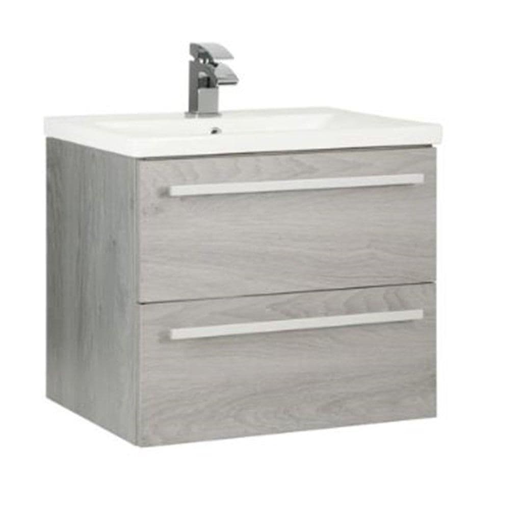 Oak Bathroom 2 Drawer Wall Hung Unit Ceramic Basin 60cm Wide