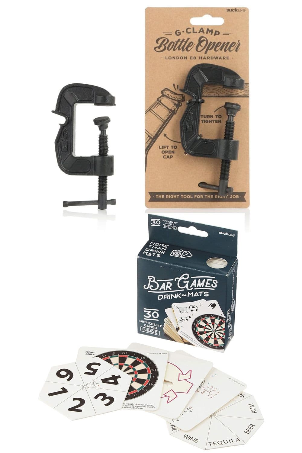 G Clamp Bottle Opener & 30 Bar Games Beer Mats Set