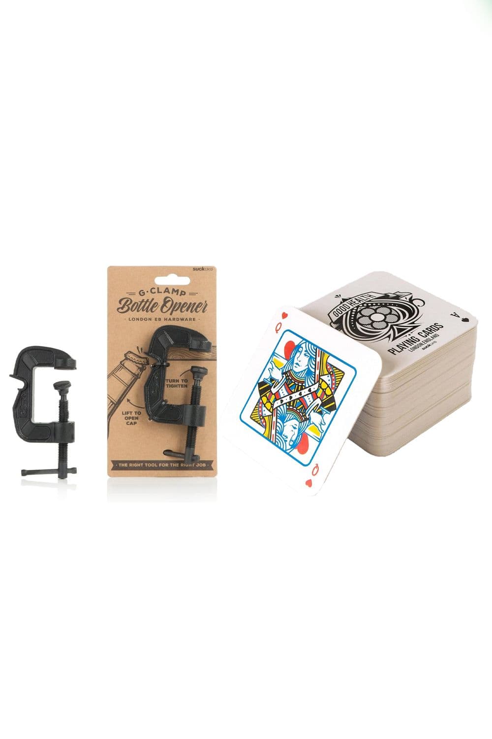 G Clamp Bottle Opener & Playing Card Drink Mats