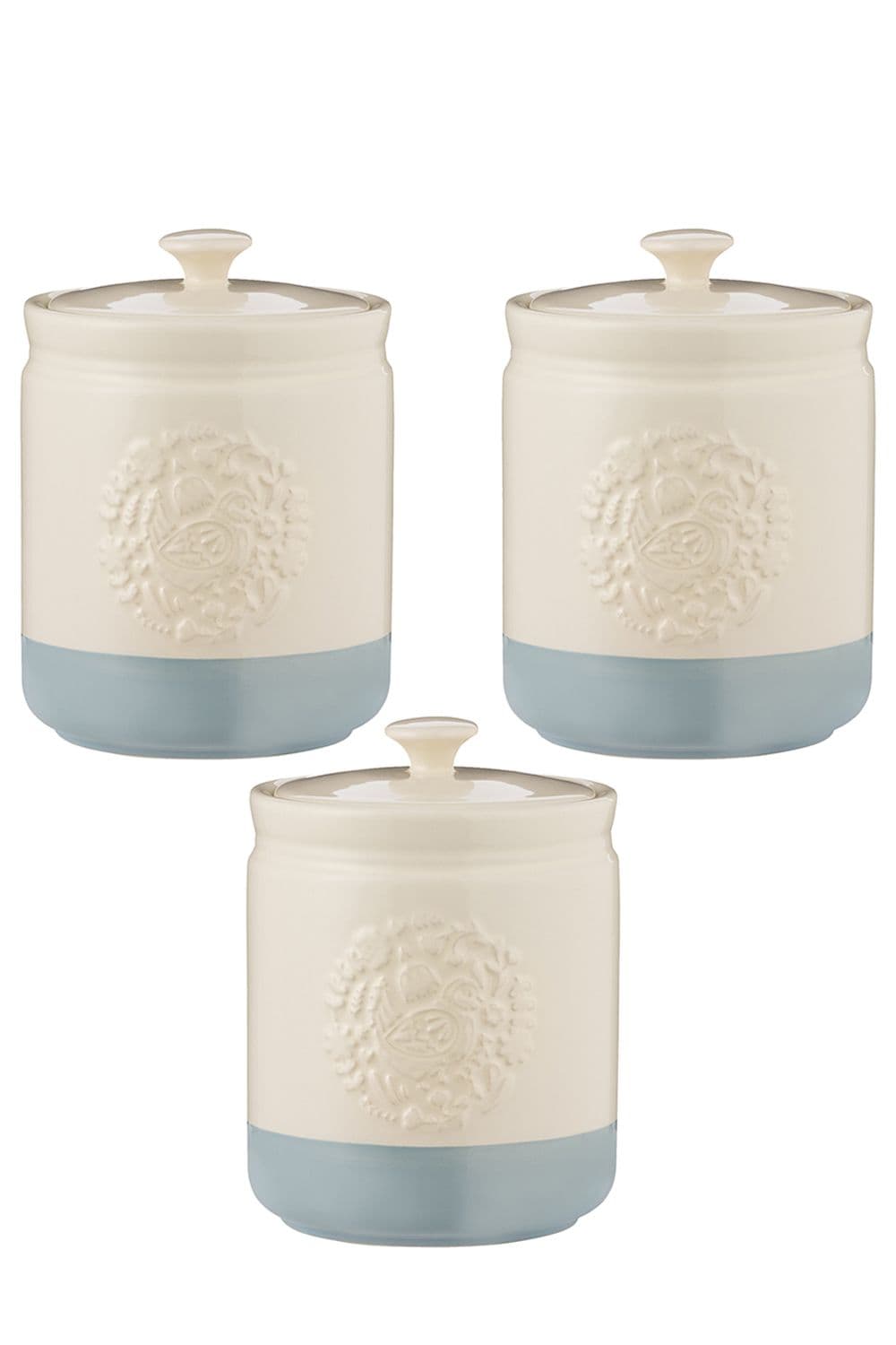 Set of 3 Home to Roost Stoneware Storage Pot 16 x 11cm - Cream & Blue