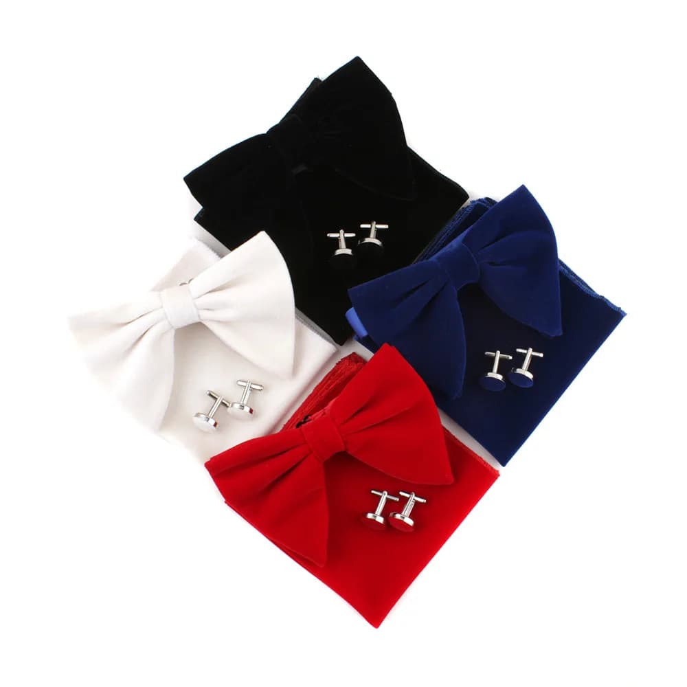 Velvet Bow Tie Set Pocket Square & Cufflinks