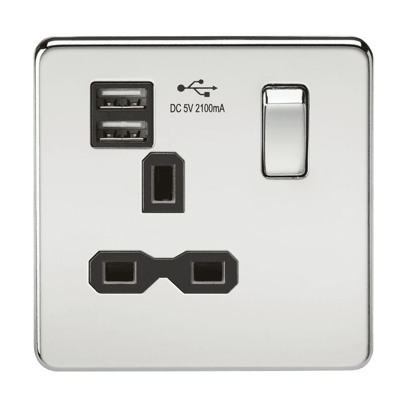 Screwless Polished Chrome Switched Socket Dual 5V USB Charger Ports Insert