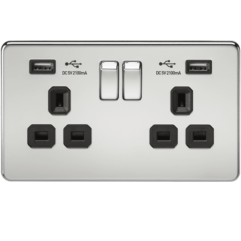 Screwless Polished Chrome Switched Socket Dual 5V USB Charger Ports Insert