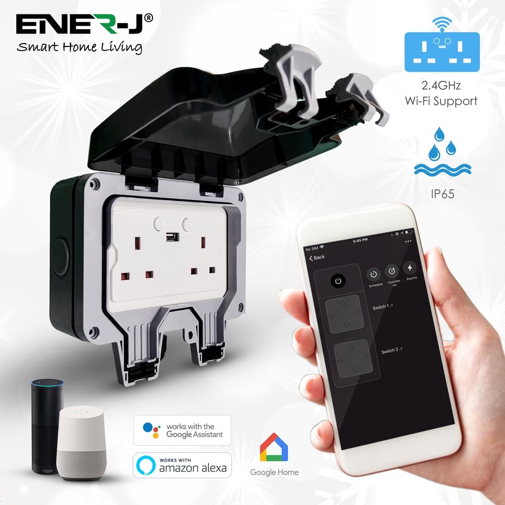 J Smart Wi Fi Weatherproof Twin Wall Sockets 2 USB Ports