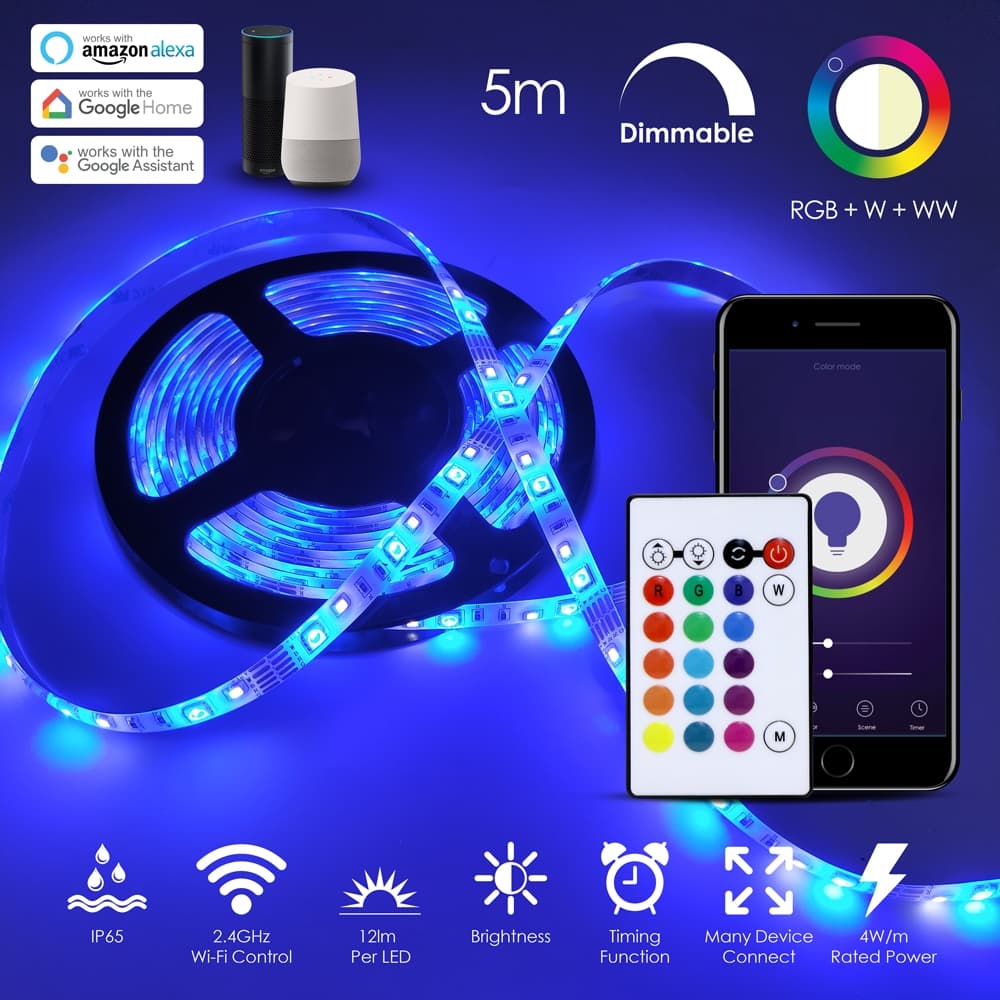 J RGB+CCT Smart WiFi LED Strip Kit 90 LEDs Mtr LED Strip WiFi Controller + IR Controller 2A Adapter UK Fused Plug.
