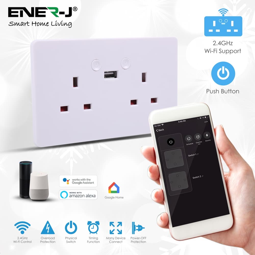 J Smart Wi Fi Wi Fi Twin Wall Sockets single USB. Push button