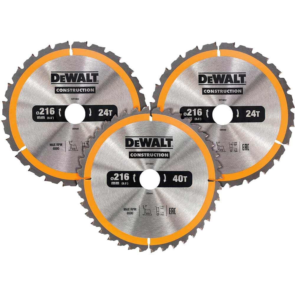DeWalt 3 Piece 216mm Construction Circular Saw Blade Set 216mm Assorted Teeth 30mm