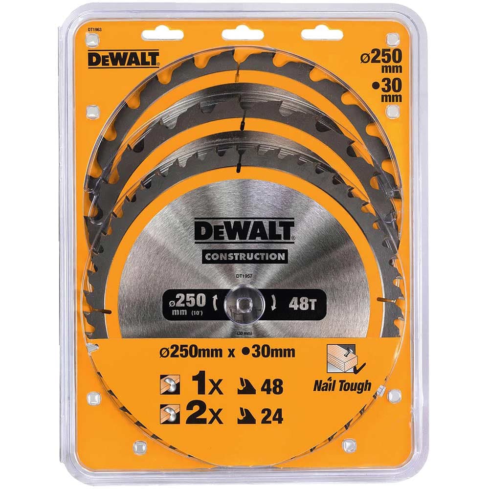 DeWalt 3 Piece 250mm Construction Circular Saw Blade Set 250mm Assorted Teeth 30mm