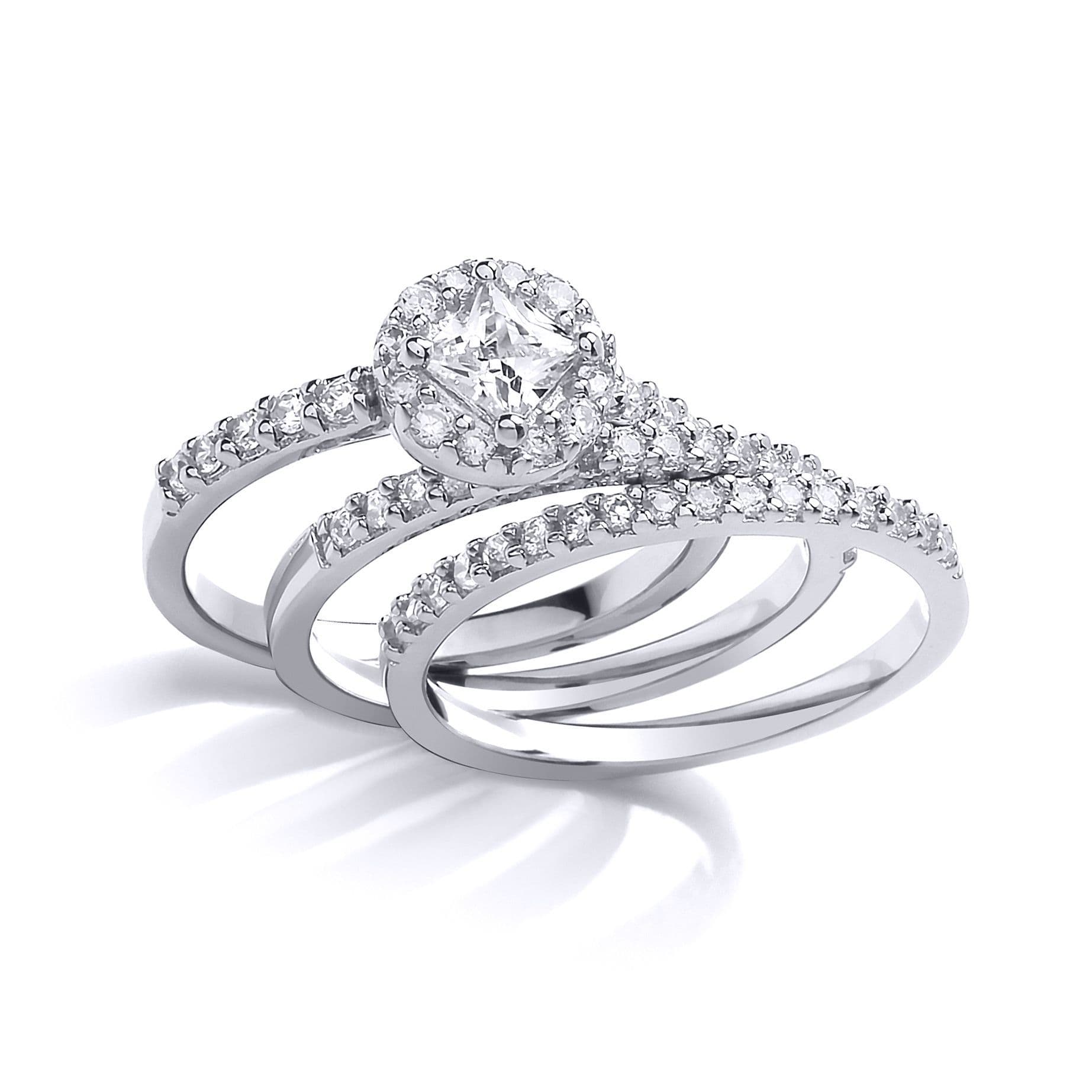 Silver Princess CZ Halo Cluster Trilogy Wedfit Bridal Rings Set O