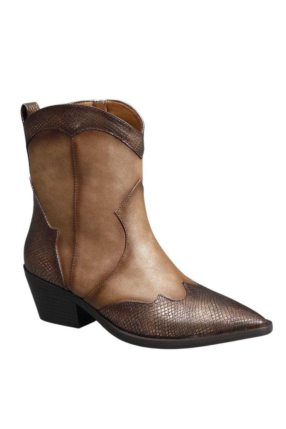 Cowboy Western Vintage Style Metalic Shinny Ankle Boots Pointed Toe & Block Heel