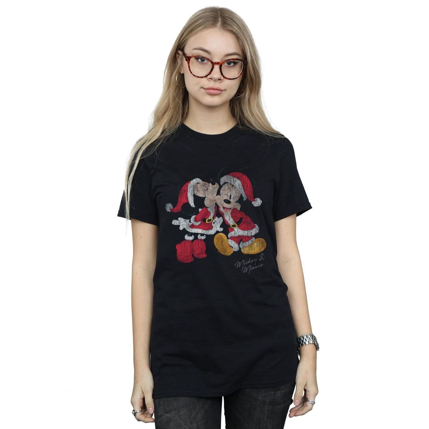 Mickey & Minnie Christmas Kiss Cotton Boyfriend T Shirt