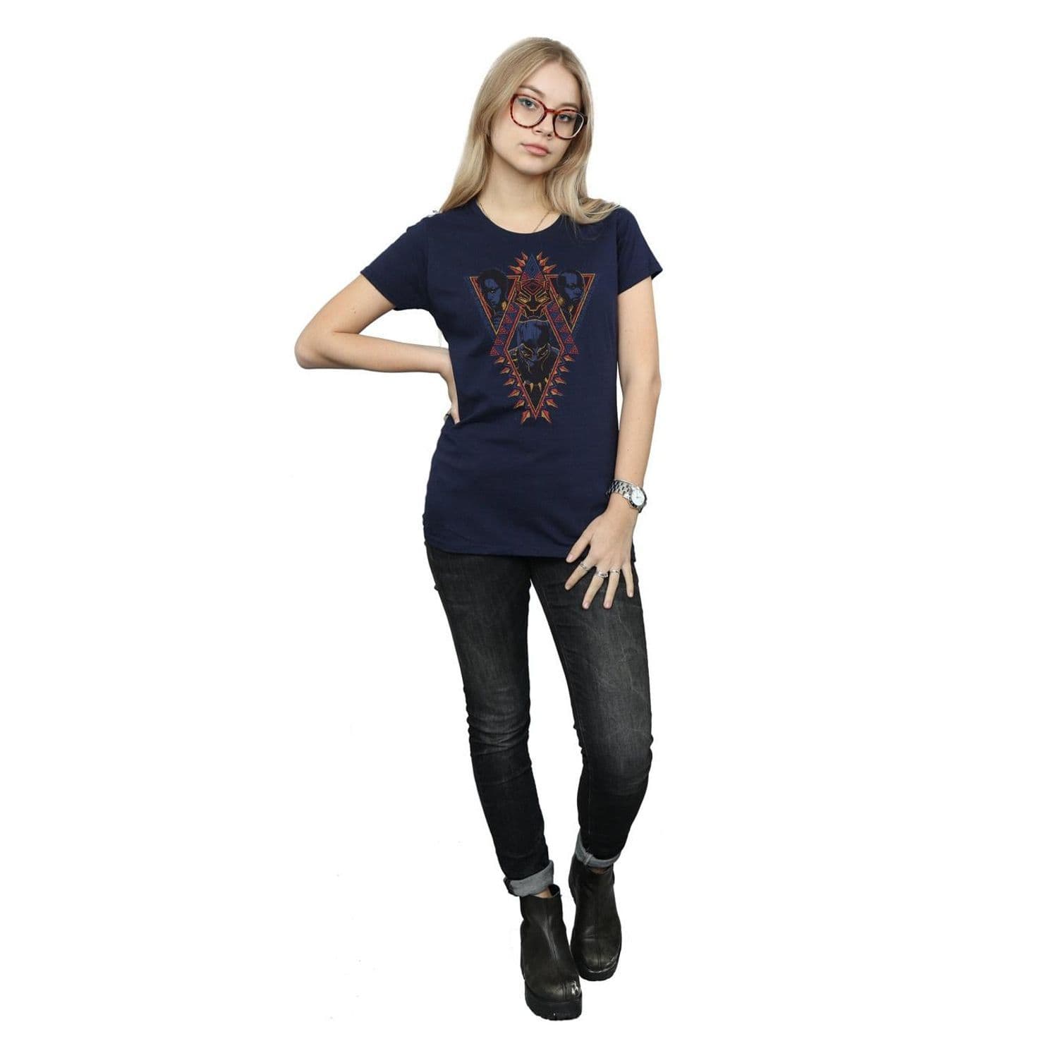 Panther Tribal Heads Cotton T Shirt Navy
