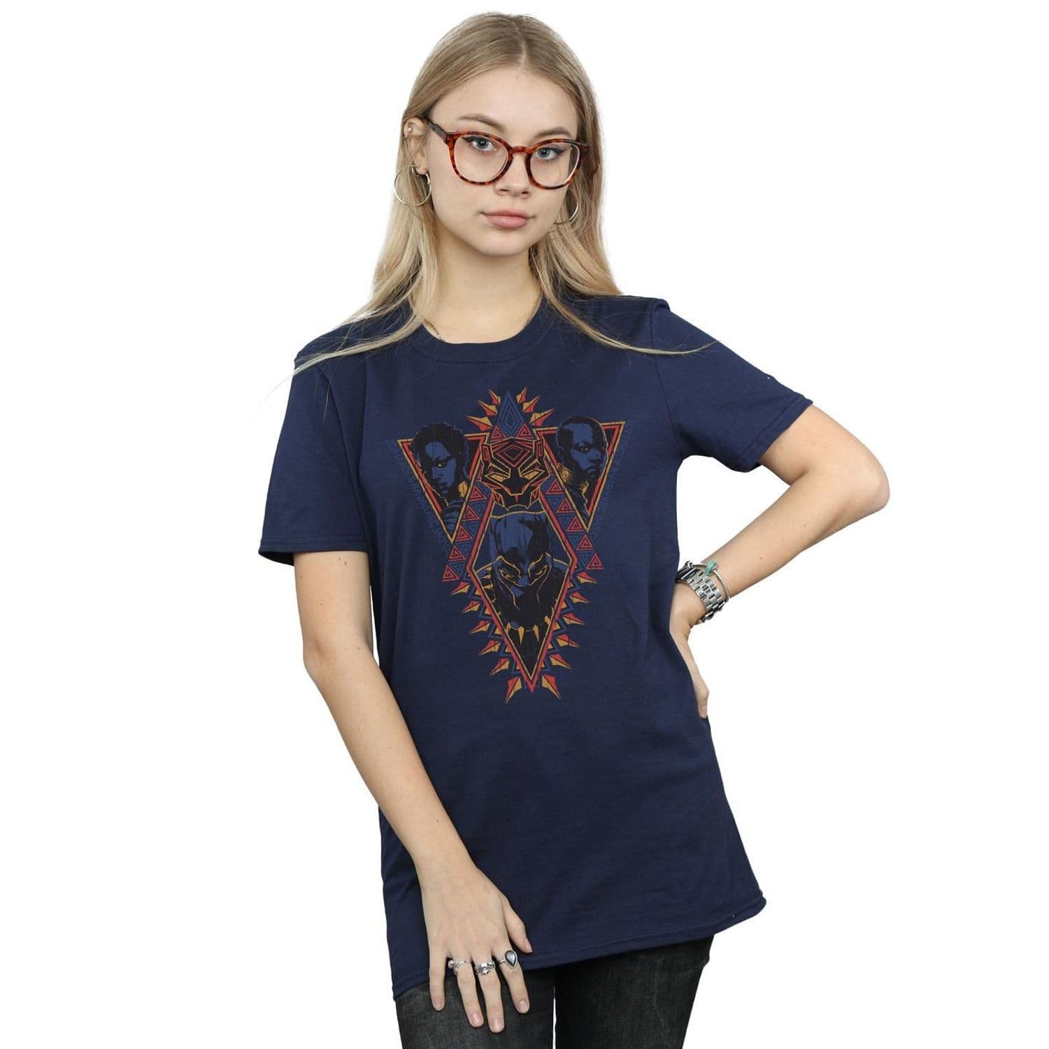 Panther Tribal Heads Cotton Boyfriend T Shirt Navy