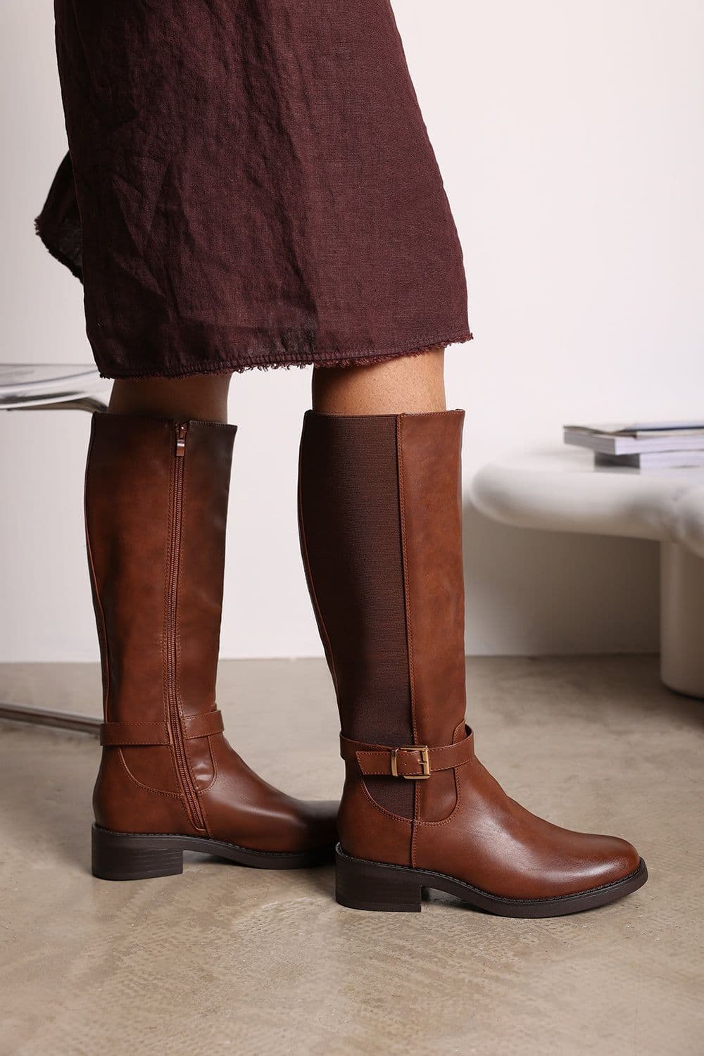 Oriana Faux Leather Knee High Riding Boots Side Buckle Strap