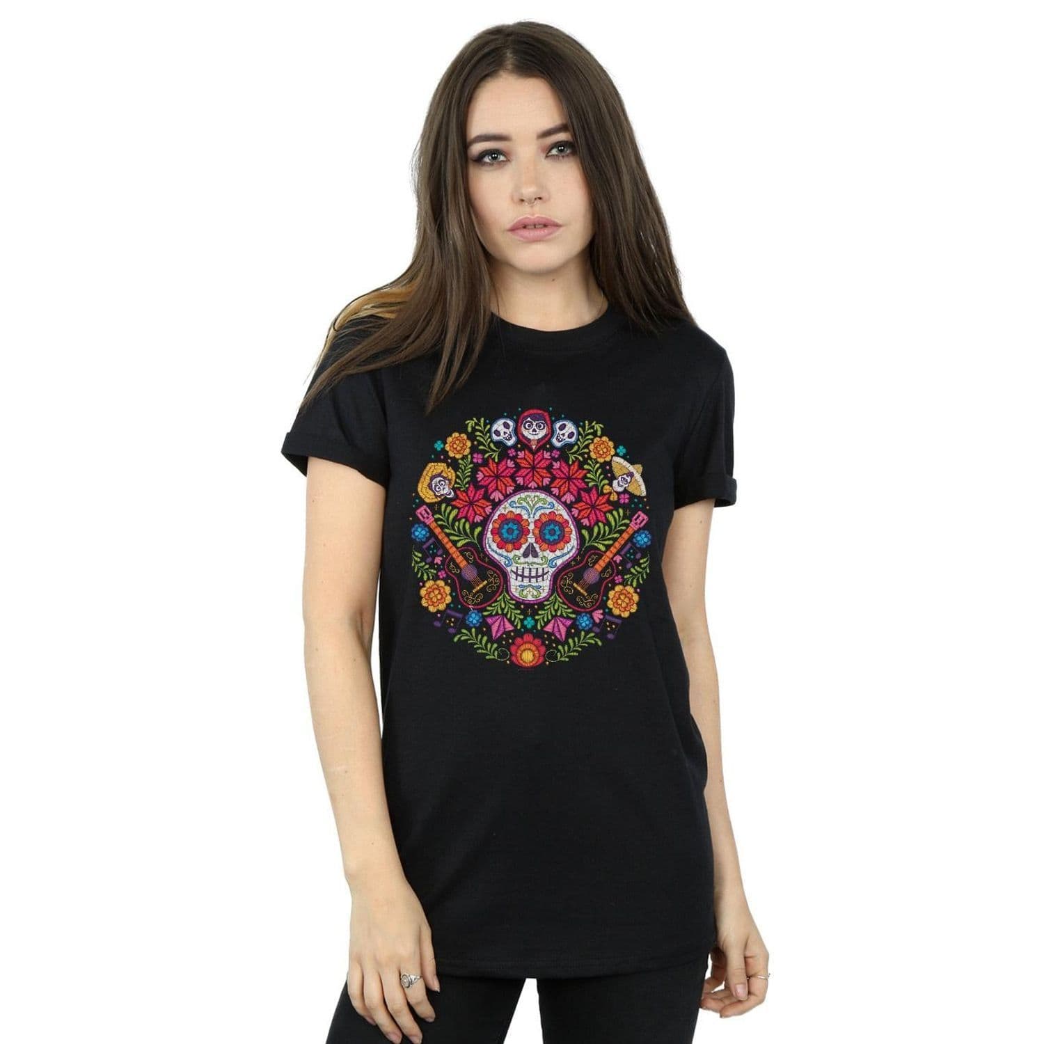 Coco Embroidered Skull Print Cotton Boyfriend T Shirt