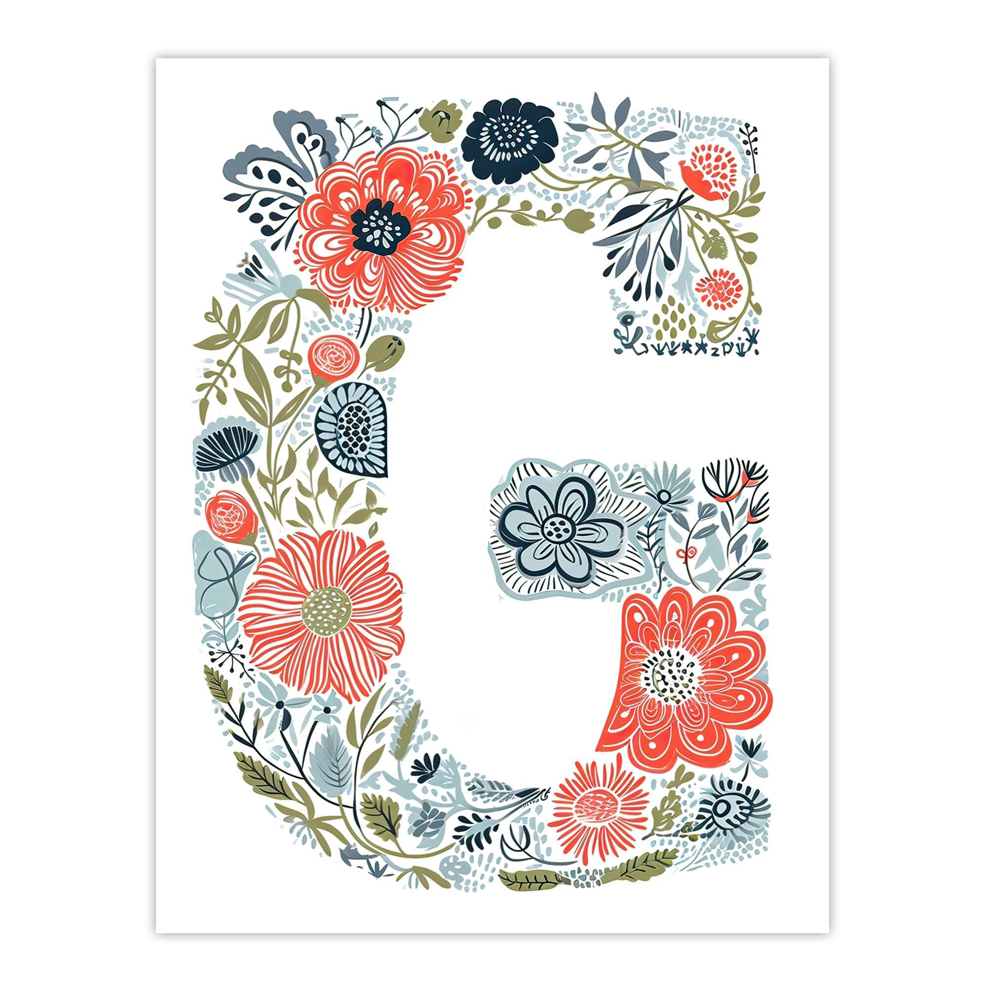 Wall Art Print Letter G Wildflowers Drawing Flowers Bouquet Nature Floral Word Art Her Poster W24" x H32"